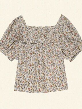 NWT Doen Cream Floral Smocked Blouse with Red & Blue Sprigs